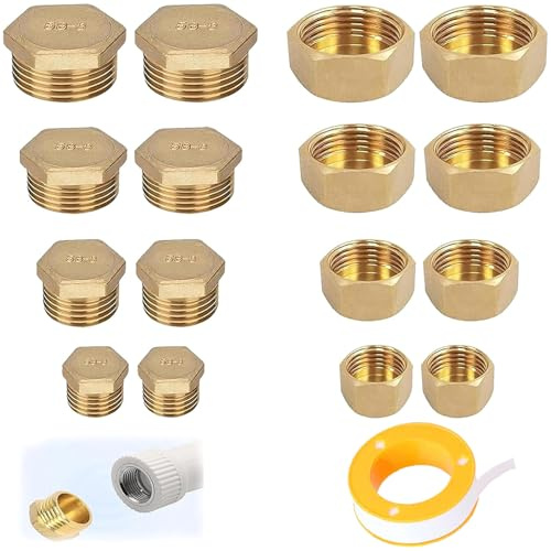 Jiavlyx 16 Piezas Tapón Hexagonal De Latón, Tapones De Latón, 2 × 1/8-1/4-3/8-1/2 Tapon Tuberia Agua, Tapones De Manguera,Tapas De Manguera Hexagonales,Para Conexión De Tubería,Lavadora,Grifo