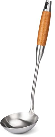FJNATINH Soup Ladle, Stainless Steel Ladle with Heat Resistant Wooden Handle, Food Grade Metal Cooking Soup Spoon Kitchen Tools, Easy to Clean