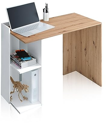 duehome| Mesa de Estudio Reversible, Escritorio, Sistema de Almacenaje, Modelo Dess, Acabado en Color Roble Nodi y Blanco Artik, Medidas: 100 cm (Largo) x 78 cm (Alto) x 52 cm (Fondo)