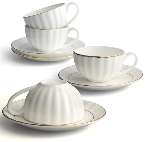 IQCWOOD Tea Cup and Saucers Set of 4(6.09oz), Bone China Tea Cups with Gold Trim, White Teacup for Tea, Milk, Latte, Mocha, Espresso, Dishwasher Safe, for Party Cafe Home