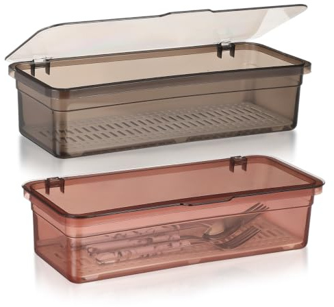 STOBAZA Silverware Organizer with Lid Food-Grade Plastic Utensil Storage Box with Drain Tray for Kitchen Countertop Cutlery Flatware Holder 10.63 X 4.72 X 2.76 Inch 2-Pack
