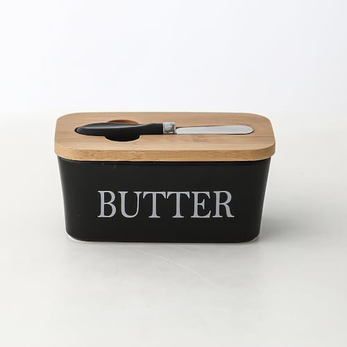 Mantequillera,Mantequera Mantequera Rectangular de cerámica, Lata sellada con Tapa de bambú y Cuchillo, Recipiente for Queso doméstico.(Black)