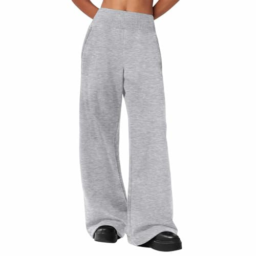 Mjjsk Flickor breda ben träningsbyxor elastisk hög midja lösa byxor sport säckiga mjuka byxor vardag enfärgade joggingbyxor med fickor, Grå, 12-13 År