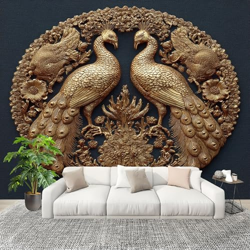 Sala Papel PintadoFotomurales 250x175 cm Pavo Real En Relieve 3d Mural de Pared Moderno Oro Papel Pintado Tejido no Tejido Dormitorio Estudio Decoración Fotomurales