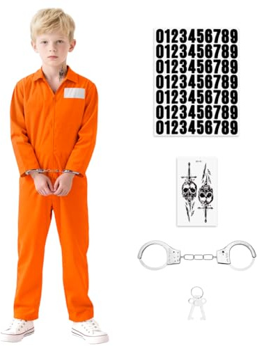 BSBUY Costume de Prisonnier pour Enfant, 3PCS Deguisement Prisonnier Orange Combinaison avec Menottes&Autocollant, Costume de Halloween Carnaval Garçon, Déguisement de Voleur, Bagnard, Détenu