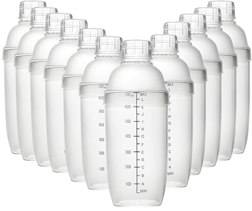 Set di 12 shaker per cocktail in plastica, 700 ml, miscelatori per bevande con scale trasparenti e colini, attrezzature da bar per casa, ristoranti e negozi di tè