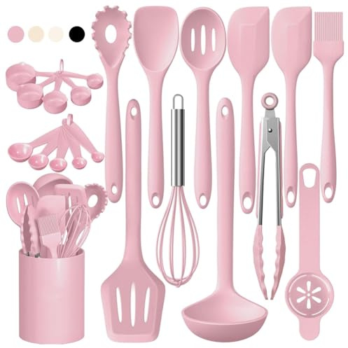 Harewtwy Ensemble D'Outils de Cuisine en Silicone Résistant à la Chaleur, Kit de Spatule de 22 Pièces avec Support pour Ustensiles de Cuisine Antiadhésifs (Rose)