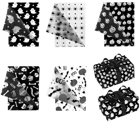 30 Blatt Halloween Seidenpapier, 35x50cm Geschenkpapier mit Kürbissen Geistern Totenköpfen Fledermäusen Spinnennetzen Bedruckt in 5 Stilen Geschenkverpackungen für Halloween Dekorationszubehör (Set 1)