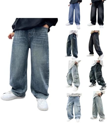 Baggy Jeans Jungs Kinder Loose Fit Jogginghose mit Elastische Taille Lässige Weitem Bein Jeanshose Streetwear Freizeit Loose Jeanshose Cargo Hosen für Kinder und Teenager 120-170