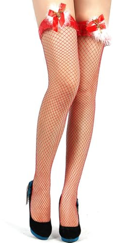 Medias Rejilla Mujer, Navidad Pantimedias Rejillas Rojo Negro, Medias de Tirantes, Sexy Pantys de Rejilla para Navidad, Juegos de Rol, Fiesta (FR/ES, Letras, Talla única, Regular, Regular, Rojo)