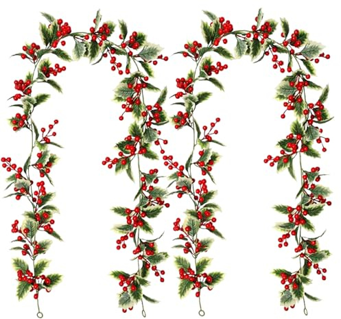 2X Beerengirlande Rot Deko,1,74M Rote Beeren Deko Weihnachtens Zweig, Stechpalme Künstliche Weihnachtsgirlande, Girlande Weihnachtens Mit Grünen Blättern Beeren, Weihnachtsdekorationen Für Außen Innen