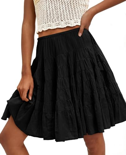 Cicy Bell Womens Summer Pleated Skirts Boho Layered Tiered Low Rise Knee Length Skirt Flowy Beach Vacation Outfits Black