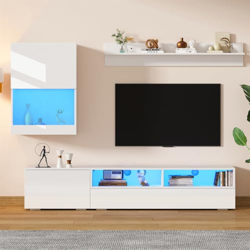 Generisch Ensemble De Meuble TV 175 * 39 * 34 Cm Avec LED Et Finition Brillante, Meuble TV, Debout Et Suspendu, En Blanc, Comprenant Un Plateau TV, Une Étagère Debout Et Une Étagère Murale.