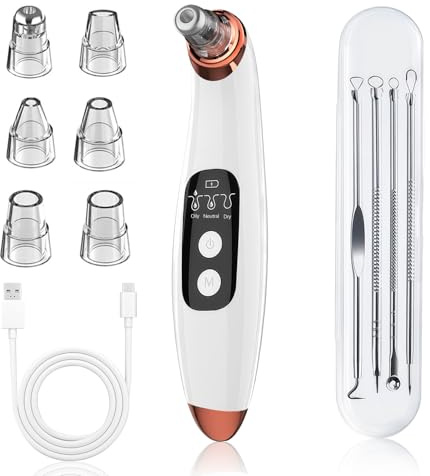 JICICUXI Mitesserentferner Porensauger Porenreiniger Gesicht Elektrisch mit 3 Saugstufen 6 Köpfen, LCD Display, Vakuumsauger zur Gesichtsreinigung, Schonend, USB Wiederaufladbar, Perlweiß