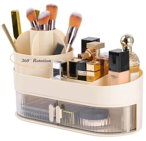 Organizador de Maquillaje Giratorio 360° con Cajón Bandejas Cosméticos Cremas Almacenaje Maquillaje para Tocador Baño Pintalabios Organizador Perfumes Skincare 2 Capas