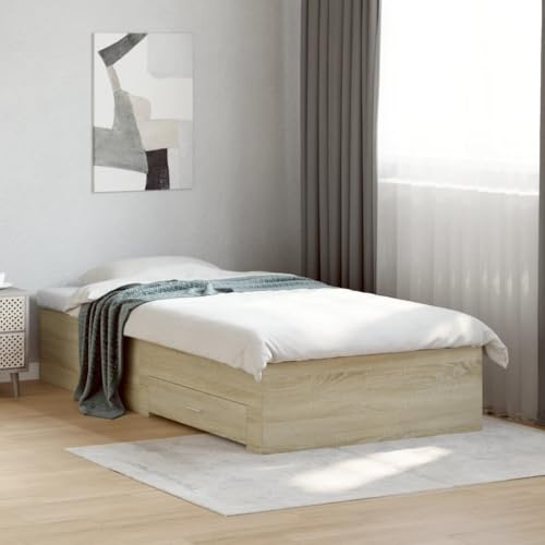 mzdioop Bettgestell mit Schubladen Sonoma-Eiche 90x200cm Holzwerkstoff, Stauraum mit 2 Bettschubladen, stabile Sperrholzlatten, modernes Design für Schlafzimmer, platzsparende Aufbewahrungslösung