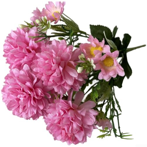 Generisch Crisantemi artificiali 7 rami realistici per fiori decorativi | 4 fiori grandi e 3 piccoli, volume naturale, consistenza realistica, ideale per vasi (rosa scuro)
