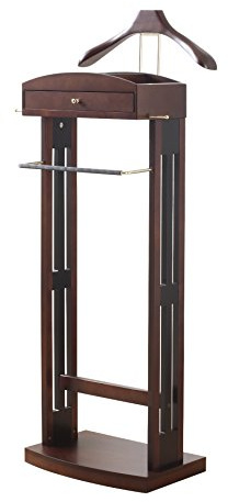 Proman Products Milan Valet Stand with Drawer, Top Tray, Contour Hanger, Trouser Bar, Tie & Belt Hooks and Shoe Rack - VL16226, Dark Walnut