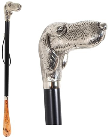 DELFA Design Schuhanzieher Schuhlöffel 70 cm mit silbernem Hund als Griff - schwarzer Holzschaft mit Schlaufe - die elegante Anziehhilfe