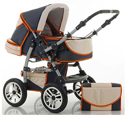 dein_babyladen Kombi-Kinderwagen Flash 2 in 1 inkl. Sportsitz und umfangreichem Zubehör in Anthrazite-Creme-Orange
