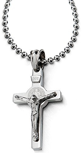 COOLSTEELANDBEYOND Petit Pendentif Croix Christ Jésus Crucifix Collier pour Homme et Femmes - Acier Inoxydable - avec 60CM Chaîne de Boule