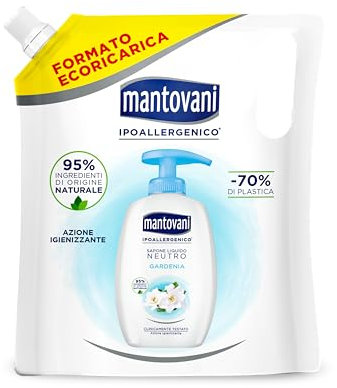 Mantovani - Sapone Liquido Mani Neutro Ipoallergenico, Fragranza Gardenia, con Vitamina E e Collagene Vegetale, Ecoricarica 750 ml