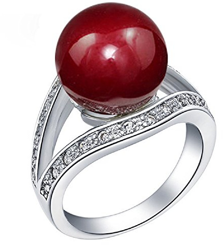 Uloveido Frauen simulierte rote Perle Montierungsring Silber Farbe Split Schaft Ringe Hochzeit Engagement Schmuck J382