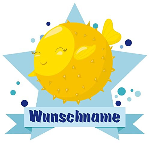 Samunshi® Lustiger Kugelfisch Wandtattoo Türschild mit Name personalisierbar Kinderzimmer Türaufkleber Baby Wandaufkleber - 90x78cm mehrfarbig