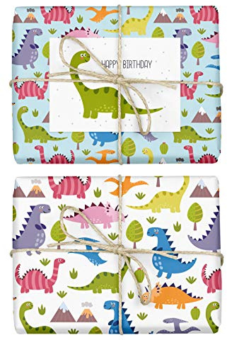 4x Geschenkpapier Dinosaurier für Kinder: doppelseitige Bögen DIN A2 (Öko, Recycling-Papier) + 1x Postkarte | Für Jungen und Mädchen | Made in Germany
