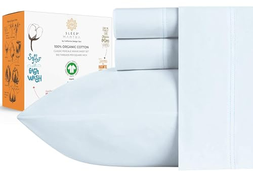 Sleep Mantra Premium 100% Organic Cotton Queen Bed Sheet Set - Soft & Cooling Percale Weave - 4 Piece Bedding Set with Deep Pocket - GOTS Certified - Breathable & Eco-Friendly (Queen, Blue)