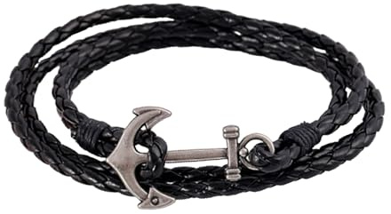 FGT Anchor - Pulseras de cuero trenzado para hombres y mujeres, parejas, amistad, cumpleaños, día de la madre, San Valentín, familia, color negro, marrón, azul, múltiples capas, talla única, Acero