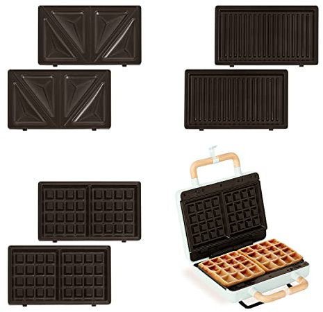 CREATE/STONE STUDIO/Sandwichera-Grill y gofrera doble azul / 3 placas intercambiables: Grill, Gofre y Sandwich, antiadherente, apertura 100º, 2 rebanadas, autoapagado, retro, 800W