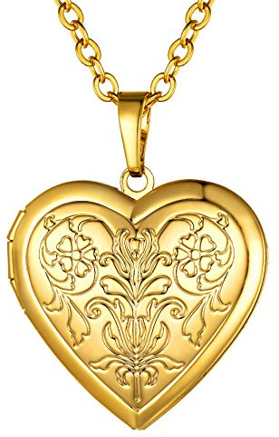GoldChic Jewelry Kupfer/Edelstahl Medaillon Kette Muster Relief Damen Halskette Herz Anhänger in Silber/Gold/Rosegold mit Wunscheravur Bilder Amulett 20 Zoll+5cm für Damen