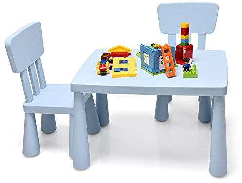 GOPLUS Table Enfant avec Chaise, Table et 2 Chaises Enfant pour Manger, Jouer, Étudier, Petite Table pour Enfants Filles Garçon 1-7 Ans, Table Bleu en Plastique, Charge 50KG