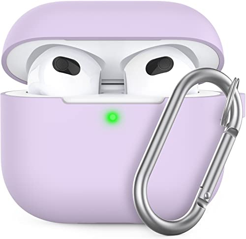 AHASTYLE AirPods 3 Hülle Silikon Schutzhülle und Case für AirPods 3 [Kabelloses Laden] [Front-LED Sichtbar] Kompatibel mit AirPods 3. Generation (Mit Karabiner, Lavendel)