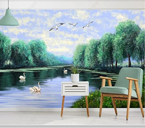 Frtmsticker Papier Peint Autocollant Murale 3D Vert Arbres Lac Papier Peint Photo 3D Enfants Chambre 3D Murale Pvc Autocollant Wall Art Garçon Fille Chambre Affiche Murale 200X100Cm