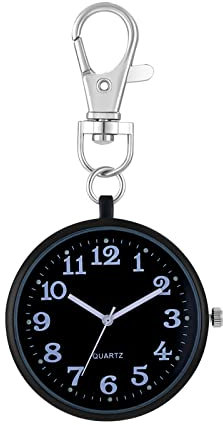 JewelryWe Taschenuhr Uhr mit Karabiner Schlüsselanhänger: Damen Herren Karabineruhr Klassische Einfache Analog Quarz Uhren mit Schwarz Rundem Gehäuse und großen Arabischen Zahlen Zifferblatt
