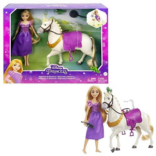 Mattel Princesses Disney Coffret Raiponce et Maximus avec Poupée Raiponce, cheval Maximus, figurine Pascal, brosse et accessoires de monte, Jouet Enfant, Dès 3 ans, HLW23