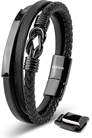 SERASAR Black Bracelet Leather Men 17cm GiftBox Genuine Cowhide Braided Adjustable Magnetic Clasp Multilayer Wrap Rope Mans Male Mens Bracelets Band Jewellery Magnet Accessories