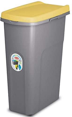 Home Centre 40L Lift Top Waste Bin, Slim, Plastic, Yellow-Grey, Italy | Kitchen recycling bin, general trash & storage container, dustbin organiser, school rubbish bin, lid bin