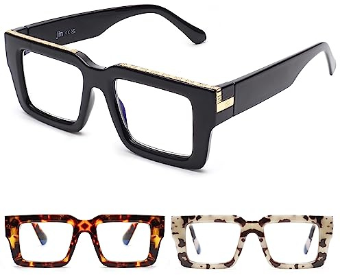 JM Lesebrille Damen Herren mit Federscharnier, übergroße Quadratische Blaulichtfilter Brille 3 Pack 0.0
