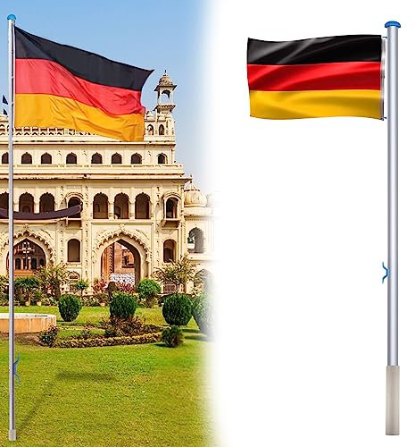 YUENFONG 6,5m Aluminium Fahnenmast, Teleskop Flaggenmast Fahnenstange mit Deutschlandfahne, 5 Verschiedene Höhenverstellbar inkl. Zugseil & Stabil Bodenhülse, 150 x 80 cm