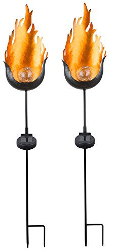 GLOBO Solarlampe gold Außenlampe modern Steckleuchte Flamme, LED Gartendeko wetterfest Terrassenlampe, 1x LED warmweiß, LxBxH 17,4x7,3x93,5 2er Set
