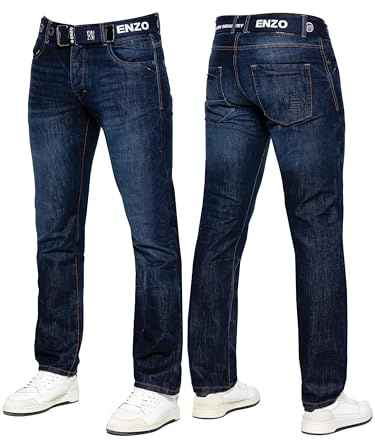 989Zé ENZO Mens Jeans Classic Straight Leg Casual Cotton Regular Fit Denim Pants Free Belt EZ384 Dark Blue 34W / 32L