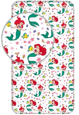 Jerry Fabrics Spannbettlaken für Einzelbett, Ariel Friends, Bettwäsche aus 100 % Baumwolle, bequem und atmungsaktiv, niedliches Disney-Prinzessinnenmotiv Arielle