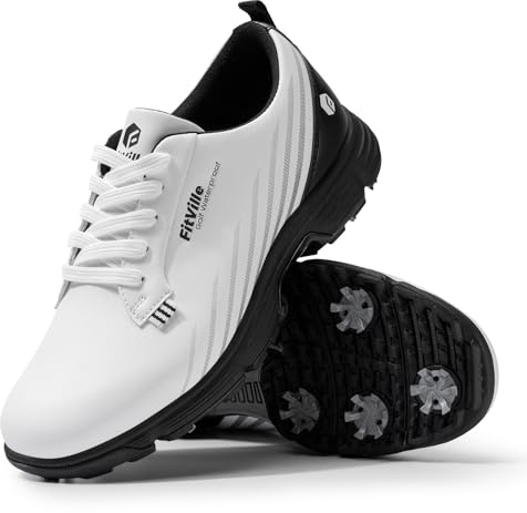 FitVille Herren GreenTread Golfschuhe V2 Golf Shoe Anti-Rutsch-Leichte Outdoor Golfschuh mit Spikes für Männer Golf Training Weiß/Schwarz 44 EU Weit