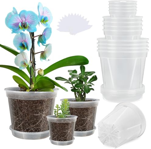 YALIOURS 12er-Set transparente Blumentöpfe (mit Abflusslöchern) | Durchsichtige Blumentöpfe mit Untersetzer,Transparente Kunststoff-Gartentöpfe für Zimmerpflanzen im Außenbereich, Blumen