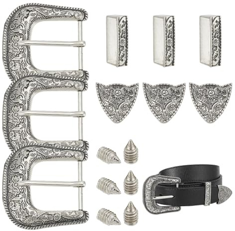 BENECREAT 3 uppsättningar antika silverbältesspännen, 38 mm bred västra cowboy legering bältesspänne ersättning för utbytbara spännen, Silver (färg), 65x68x6mm