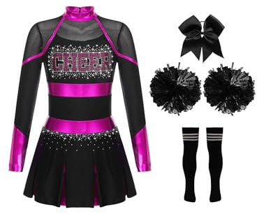 HULIJA Kinder Mädchen Cheer Leader Kleid Langarm Cheerleading Uniform mit Pompoms + Socken + Kopfschmuck Cheer Outfits Set Karneval Cosplay