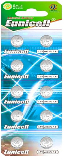 EUNICELL AG3 LR41 LR736 SR41 1,5V Alkaline, 10 Knopfzellen für Uhren & LED | 10 EUNICELL AG3 Alkaline-Batterien mit 1,5V für kompatible Uhren, Taschenrechner, Spielzeuge.
